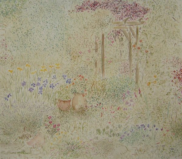 Summer garden with Copper Beech. Trefechan watercolour on paper 15.5ins x 17.5ins