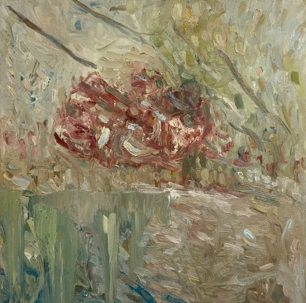 Roses in bloom by the lake 60x60cm oils on canvas
